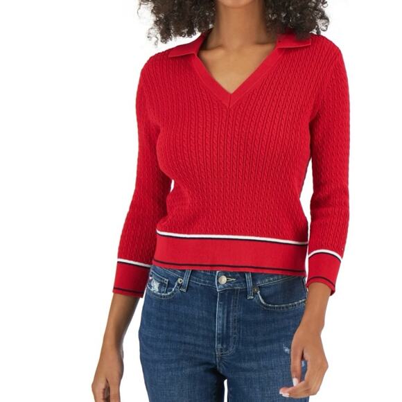 Tommy Hilfiger Tops - Tommy Hilfiger red cotton Johnny Collar Cable Knit Sweater